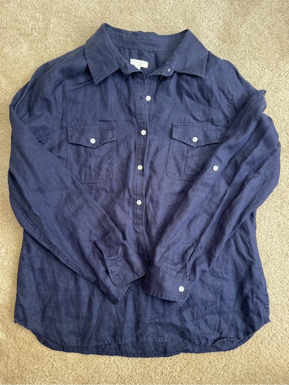 Talbots Women’s Sz M  Navy Button-Front Casual Linen Shirt